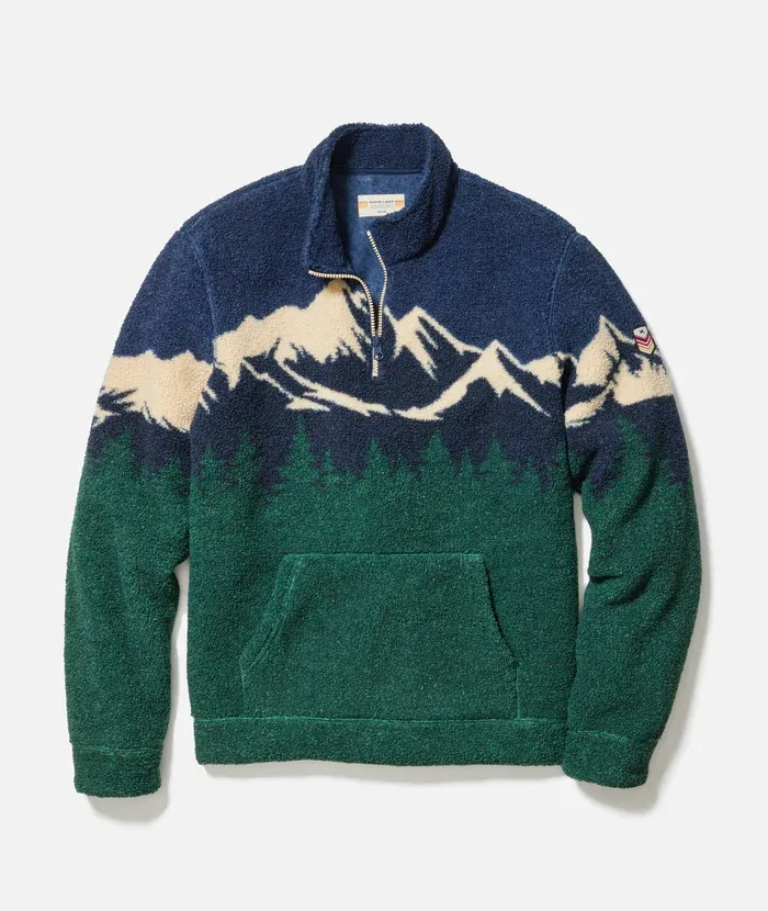 Marine Layer M Archive Alpine Sherpa Pullover Navy Mountain Scene